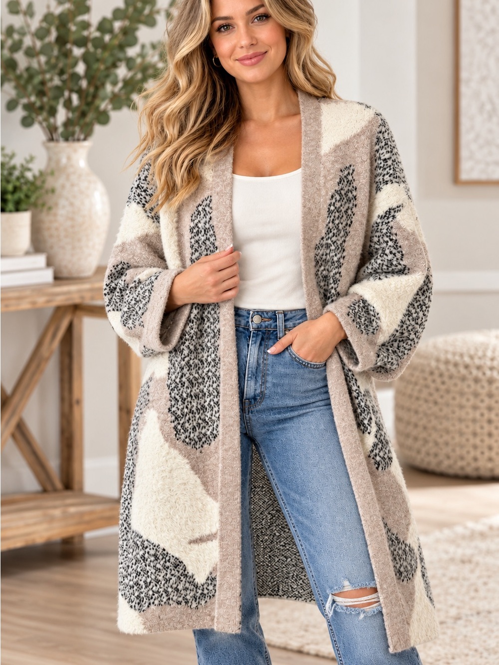 Tribal Neutral Geo-Pattern Open-Front Cardigan - Beige, Cream, Black